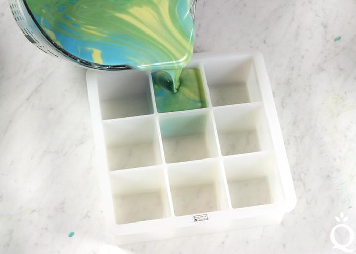 pouring soap into a silicone mold |
Bramble Berry